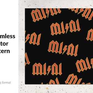 Könnte beinhalten: Nahtloses Vektor-Muster mit dem Wort "MIAMI" in fetter, orangefarbener Schrift mit einem Blitzsymbol auf schwarzem Hintergrund.