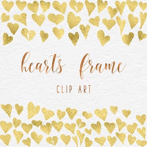 Gold Herzrahmen Clipart, handgemalte goldene Herzen, Goldrand, Herz Konfetti, Goldfolie Clip Art