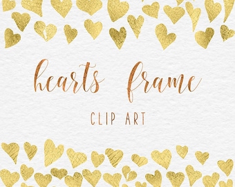 Gouden hart frames clipart, handgeschilderde gouden harten, gouden randen, hart confetti, goudfolie clip art