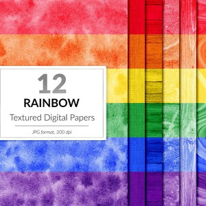 Puede incluir: Doce papeles digitales con colores arcoíris. Los papeles tienen diferentes texturas, incluyendo acuarela, madera y remolinos. Los papeles están en formato JPG y 300 dpi.