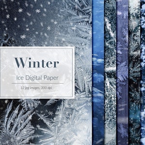 May include: A collection of digital papers with winter and ice themes. The papers feature various shades of blue and white, with textures resembling frost and snowflakes. The text on the image reads "Winter Ice Digital Paper 12 jpg images, 300 dpi."