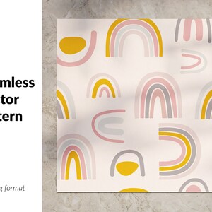 Puede incluir: Un patrón vectorial sin costuras con arcoíris coloridos en tonos de rosa, amarillo y gris sobre un fondo blanco. El patrón es perfecto para usar en una variedad de proyectos de diseño, como telas, papel tapiz y papelería.