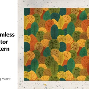 May include: A seamless vector pattern featuring a repeating design of stylized trees in shades of green, yellow, and orange. The trees are arranged in a random pattern, creating a sense of depth and movement.