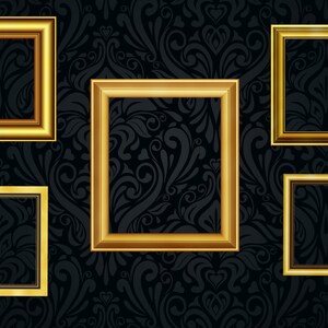 May include: Five gold picture frames of varying sizes against a black background with a floral pattern. The frames are all empty.