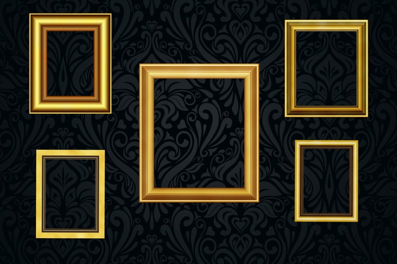 May include: Five gold picture frames of varying sizes against a black background with a floral pattern. The frames are all empty.