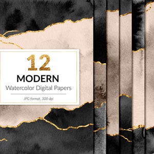 Zwarte aquarel & goud digitaal papier, gouden ader texturen, aquarel achtergronden, Instagram post achtergrond