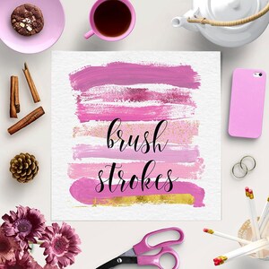 Pink make-up, brush strokes, pink paint brush stains & strokes, acrylic paint, gold dust, glitter, 7 png graphic elements