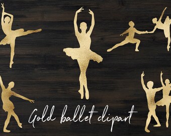 Ballerina Clipart, Goldene Ballettbilder, Goldene Foliengrafik, Tanzende Mädchen Sublimation Design, transparenter Hintergrund png Dateien