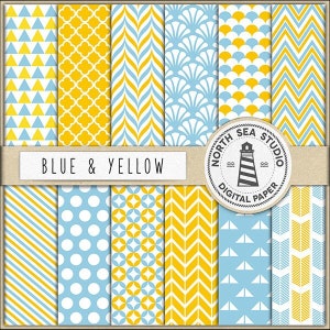 Blue and yellow digital scrapbook papers blue backgrounds yellow patterns chevron quaterfoil arrows