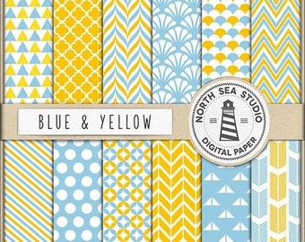 Blue and yellow digital scrapbook papers blue backgrounds yellow patterns chevron quaterfoil arrows