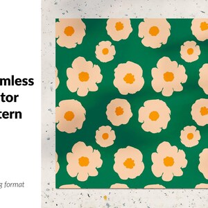 May include: A seamless vector pattern featuring a repeating design of stylized peach-coloured flowers with yellow centres on a dark green background.