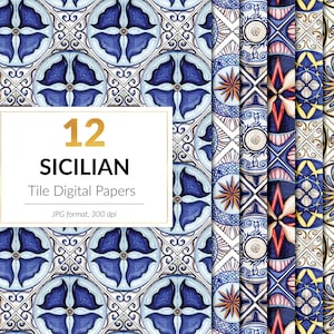 Patrones de azulejos italianos, papel digital de azulejos sicilianos, patrones de mosaico italianos, papel digital siciliano, mayólica siciliana