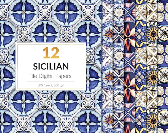イタリアのタイルの模様、シチリアのタイルのデジタル ペーパー 
