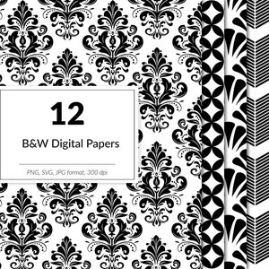 Black and white SVG patterns, minimal digital paper, vector, png, jpg backgrounds, digital scrapbooking paper, commercial use