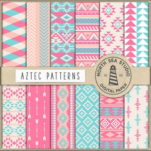 May include: A set of 10 digital paper patterns featuring geometric Aztec designs in pink, blue, and white. The patterns are seamless and can be used for a variety of projects, such as scrapbooking, card making, and digital design.
