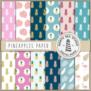 May include: A set of 10 digital papers featuring pineapple patterns in various colors and styles. The papers include pink, blue, white, and gold pineapples, as well as tropical leaves and flamingos. The papers are perfect for crafting, scrapbooking, and other creative projects. "PINEAPPLES PAPER" and "NORTH SEA STUDIO DIGITAL PAPER" are printed on the papers.