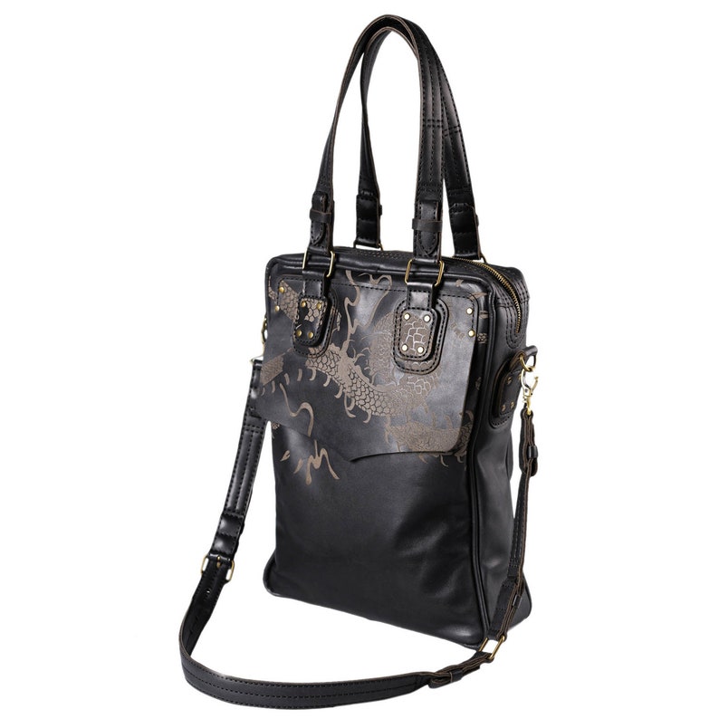 Leather Tote Bag Big Time Dragon Bag Black Leather Laptop Etsy