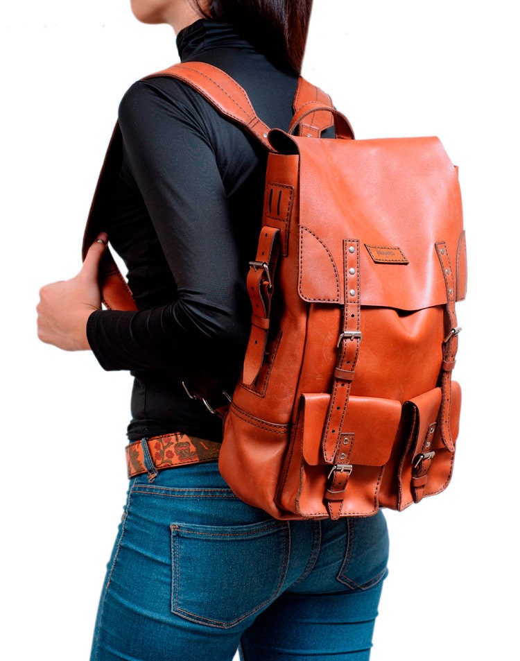 Womens leather backpack hand stitched Vintage brown leather Etsy