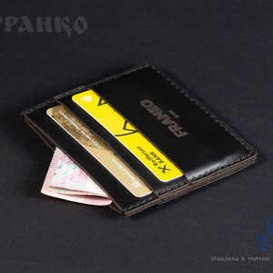 Schmaler echt Leder Kartenhalter Franko, kleines Portemonnaie für 4 Karten und Bargeld, schönes Geschenk, schwarzes Rindsleder, Handnaht