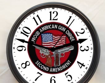 New "Proud American Gun Owner - 2nd Ammendment" Battery Powered Quartz Movement Red Wall Clock