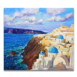 Santorini, Griekenland - Origineel landschapsschilderij impressionistische architectuur Impasto witte huizen Santorini olieverfschilderij op canvas