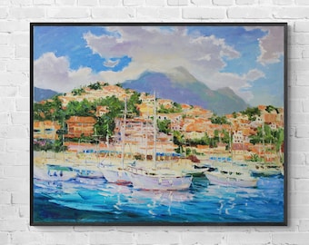 Italy seascape oil painting, italian landscape, Bay area art work, Positano painting, coast painting, beach lovers gift