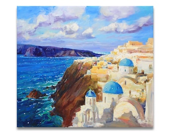 サントリーニ島の海景油絵：ギリシャの島の芸術、青い海（14-18分