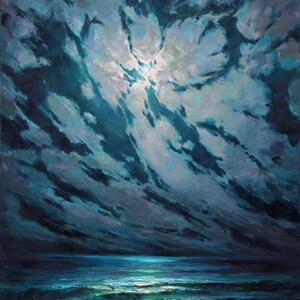 May include: A painting of a dark blue sky with white clouds and a bright light shining through. The sky is reflected in the dark blue water below.