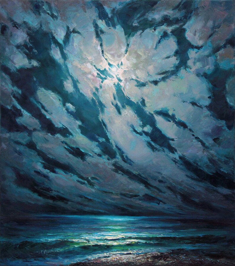May include: A painting of a dark blue sky with white clouds and a bright light shining through. The sky is reflected in the dark blue water below.