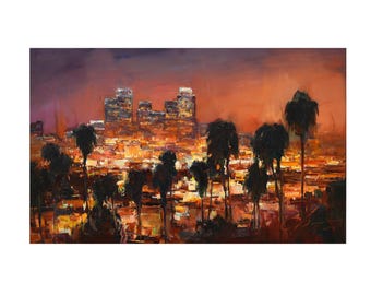 Panorama Los Angeles - original urban landscape painting impasto Oil painting Urban buildings evening cityscape