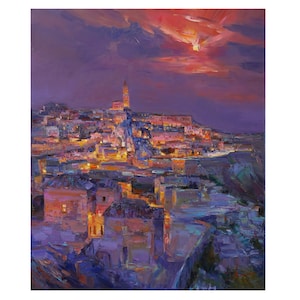 Evening Old Town Matera in Italy - Original impasto landscape painting textured Oil painting cityscape Italy Mountain wall art