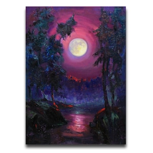Moon oil painting original, night sky painting, gothic artwork, moonlight art, Night Landscape, Signed oil painting