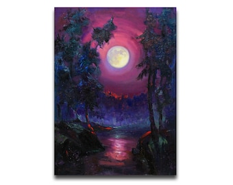 月明かりの海景 - 夜のオリジナル油絵、暗い海の風景、夜空の絵