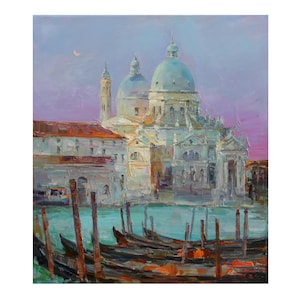 Santa Maria della Salute, Venezia - Dipinto originale a olio di paesaggio, arte murale, paesaggio urbano italiano, costa serale