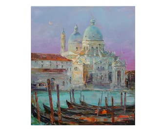 Santa Maria della Salute, Venise - peinture originale de paysage à l'huile, art mural, Italie paysage urbain côte du soir