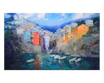 Riomaggiore, Cinque terre - Italian Landscape painting Original impasto landscape painting textured Oil painting Italy wall art