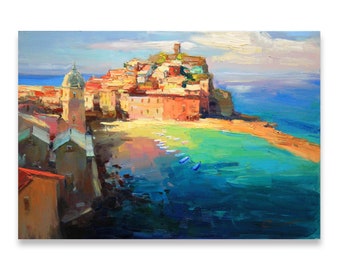Vernazza Cinque Terre iItaly - Original impasto landscape painting textured Oil painting Italy wall art