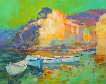 Riomaggiore, Cinque terre - Italian Landscape painting Original impasto landscape painting textured Oil painting Italy wall art