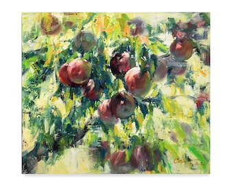 Melo - pittura a olio da giardino originale, pittura ad impasto impressionista, albero da frutto Grande dipinto, opera d'arte gialla