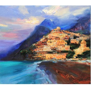 Amalfiküste Italien - Original opasto Landschaftsgemälde strukturiertes Ölgemälde Abendliche Küste von Pozitiano