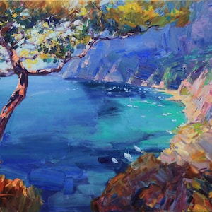 Amalfi Coast Italy - original impasto landscape painting textured Oil painting Panorama coast of Pozitiano