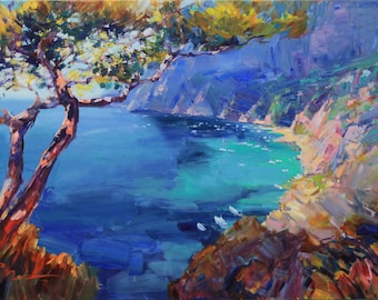 Amalfi Coast Italy - original impasto landscape painting textured Oil painting Panorama coast of Pozitiano