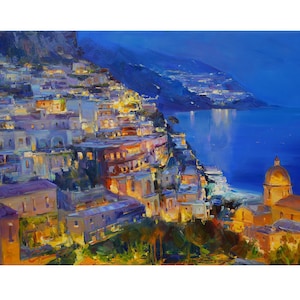 Amalfi Coast Italy - original impasto landscape painting textured Oil painting night coast of Pozitiano
