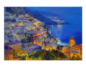 Amalfi Coast Italy - original impasto landscape painting textured Oil painting night coast of Pozitiano