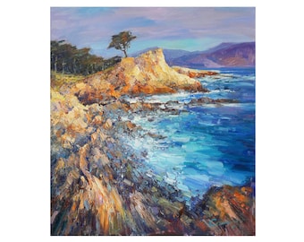 Lone Cypress, California - Original California coast landscape painting, Pebble Beach seascape textured Oil painting