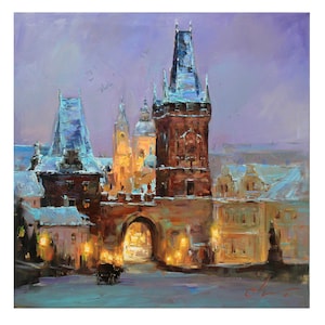 Charles Bridg in the evening, Prague - Original Oil Landscape Painting, Wall Art, Prague Cityscape Prague architecture