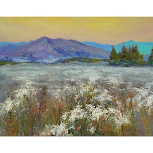 May include: An oil painting depicts a mountain landscape with a field of white flowers in the foreground. The sky transitions from yellow to blue, with purple mountains in the distance. Green trees are on the right.