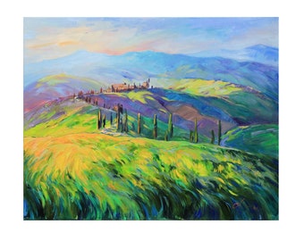 ヴィンテージのイタリア風景油絵、サイン入りトスカーナの村の風景