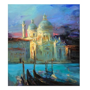 Santa Maria della Salute, Venezia - Pittura di paesaggio a olio originale, arte della parete, paesaggio urbano italiano Costa serale