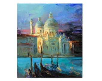 Santa Maria della Salute, Venice - Original Oil Landscape Painting, Wall Art, Italy Cityscape Evening coast
